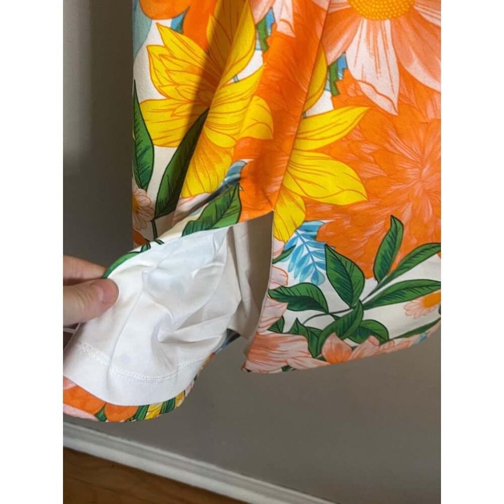 Colorful Floral Halter Maxi Dress Orange M Tropical Resort Bodycon Cottage 90s - Picture 9 of 13